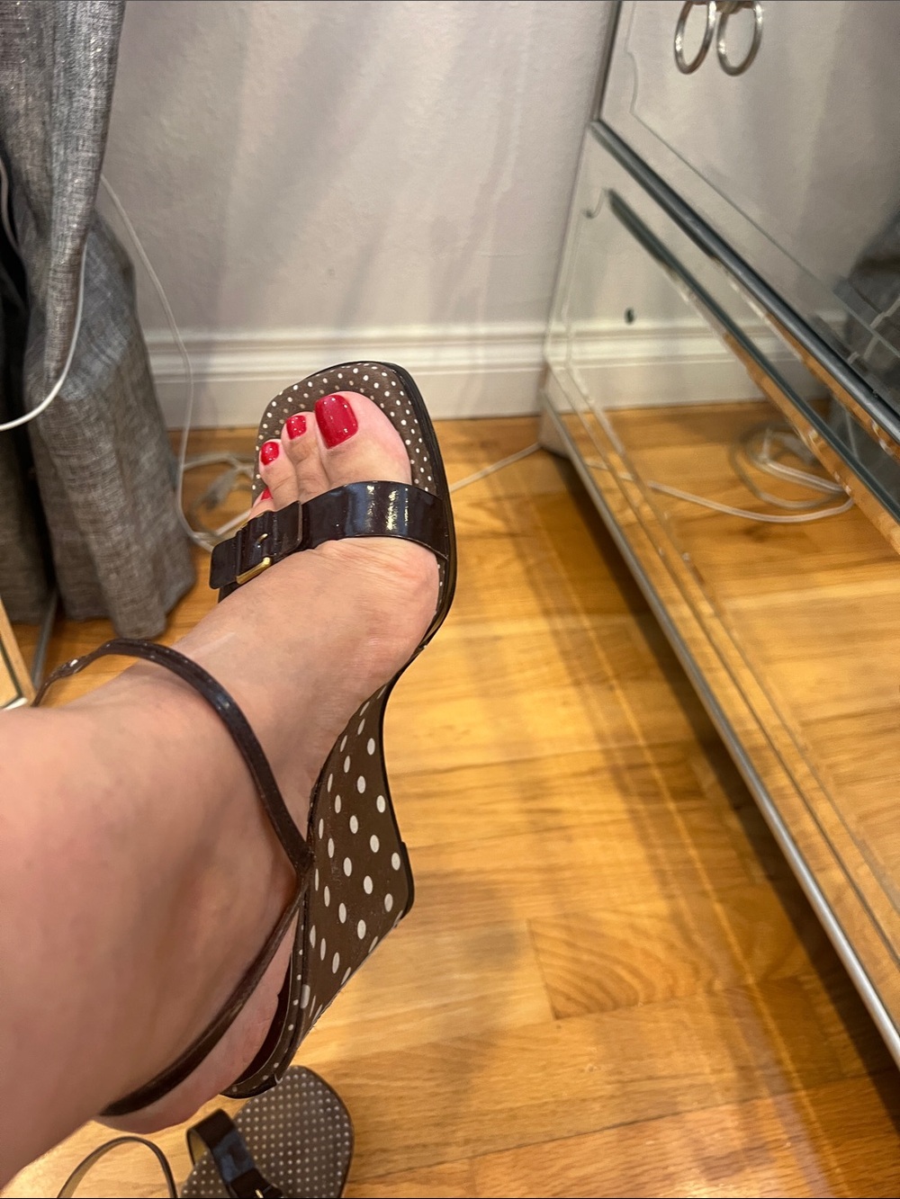Casadei Brown Patent Leather Polka Dot Wedge Sandals - Picture 11 of 11